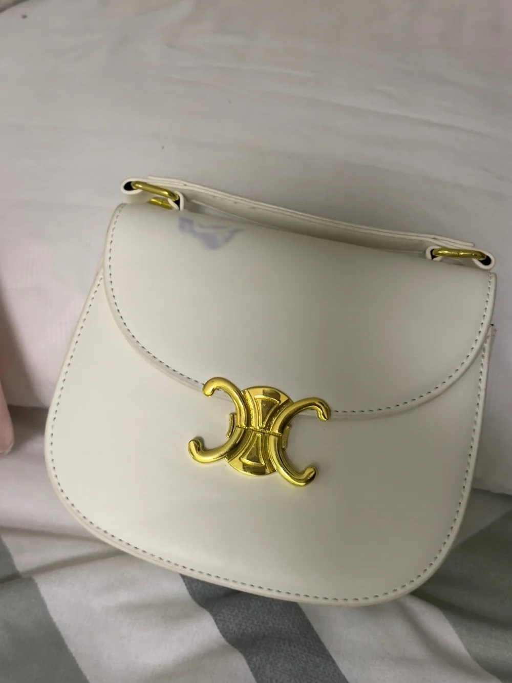 White Leather Top-Handle Shoulder Bag with Gold Accent